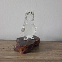 Vintage Crystal Owl Figurine on Natural Wood Burl Base, Clear Glass Bird Sculpture, Paperweight
