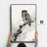 Japanese Ink Wash Owl Art Print: Sumi-e Bird Painting, Zen Animal Wall Decor