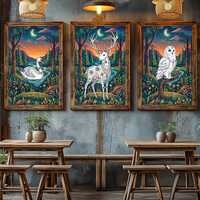 Woodland Animals Wall Art Set | Deer, Owl, Swan Moonlit Forest Prints (Digital Download)