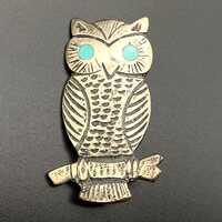 Vintage Southwestern Owl Bird Birch Turquoise Inlay Silver Pin Brooch