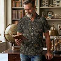 Vintage Cottagecore Owl Men Hawaiian Shirt, Dark Goth Moth Insect Short Sleeve Button Down Shirt, Go