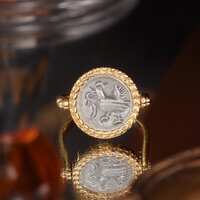 Ancient Coin Spinner Signet Ring Reversible Owl Bird Two Sides Twisted Rope Laurel Wreath Roman Gree
