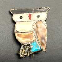 Vintage Zuni Native Owl Bird Turquoise Shell Coral MOP Silver Pin Brooch
