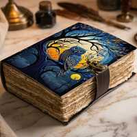 Blue Owl Leather Journal, Tree of Life Notebook, Handmade Vintage Leather Diary, Witchy Grimoire Ske