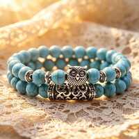 Bohemian Turquoise Beaded Bracelet with Antique Silver Owl Charm Layered Stretch Bracelet for Wisdom
