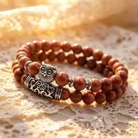 Bohemian Goldstone Beaded Bracelet with Antique Silver Owl Charm - Handmade Layered Stretch Bracelet
