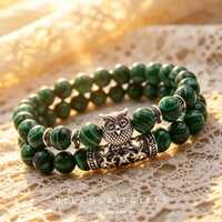 Bohemian Malachite Beaded Bracelet with Antique Silver Owl Charm - Handmade Layered Stretch Bracelet