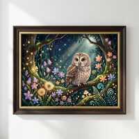 Moonlit Owl Floral Fantasy Puzzle | Owl Jigsaw Puzzle, Woodland Night Art