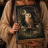 Moonlit Owl Leather Journal &ndash; Handmade Forest Grimoire Notebook with Antique Clasp, Fantasy Di