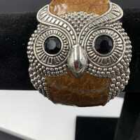 Owl Cuff Bracelet Large Statement w/Brown Enamel Hinged Silver Toned