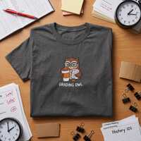Tired Owl Teacher Grading Embroidered T Shirt, Cute Grading Owl Shirt, Funny Back to School Tee, Tea