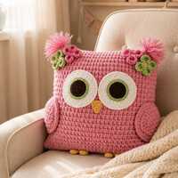 Crochet Owl Pillow, Pink Owl Cushion, Handmade Nursery Pillow, Cute Kids Room Decor, Amigurumi Owl T