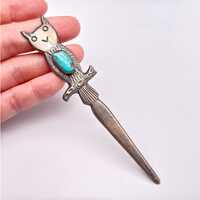 Vintage Navajo Native Owl Bird Turquoise Sandcast Silver Letter Opener Knife