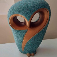 Sand Art Pottery Owl Figurine Teal Gold 6 1/2" tall