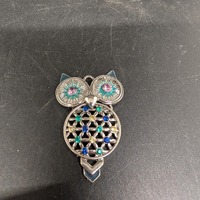 Silver Tone Rhinestone Owl Pendant - Blue Yellow and Pink Accents