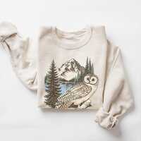 Vintage Owl Mountain Sweatshirt, Retro Forest Nature Shirt, Wildlife Tshirt, Cottagecore Crewneck, G