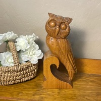 Hand Carved Monkey Pod Wood Owl Sculpture, Mid Century Boho Decor