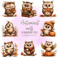 Autumnal Owls Clipart Bundle, Cute Fall Owls PNG, Cozy Woodland Animals