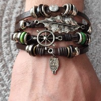 Owl Leather Wrap Bracelet for Men Women | Boho Faux Leather Cuff with Leaf and Ship Helm Charms | Pa