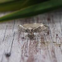 Sterling Silver Flying Owl Ring, Nature Inspired Bird Jewelry, Oxidized Detail