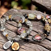 Chunky Mystical Owl Stretchy Bracelet Set.  Mixed  Beads Stretch Bracelet  Custom Owl Focal. Artsy M