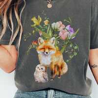 Watercolor Fox and Owl T-Shirt - Comfort Colors 1717 Whimsical Forest Animals Tee - Botanical Woodla