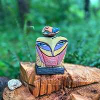 Handmade Clay Owl Sculpture, Colorful Glazed Ceramic HE owl, Unique heart and house warming, gift fo