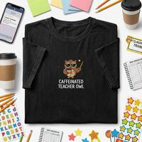 Embroidered T Shirt, Caffeinated Teacher Owl, Coffee Lover Educator, Funny School Owl, Classroom Tea