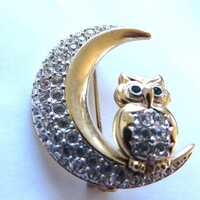 Gold Owl and Moon Brooch