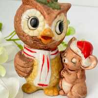 Vintage Christmas Owl & Mouse Figurine Taiwan Ceramic Holiday Decor Cute Retro MCM Owl Figure Ki