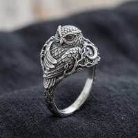 Owl Ring Silver Bird Band with Moon Star Branch Nature Design
