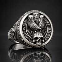 Freemason Master Masonic Owl Signet Ring Oxidized Silver Gothic Biker G Geometry Skull Mason Masonic