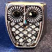 Art Deco Vintage Owl Ring Chrome w Encrusted Rhinestones & Big Eyes size 8.5