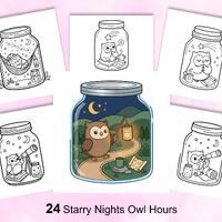 Starry Nights Owl Hours Coloring Book, Kawaii Owl Pages, Relaxing Activity (PDF Download)