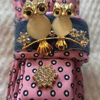 Upcycled Denim Pink Black White Polka Dot Tie / Faux Gold Diamond Pearl Owls Brooche / Denim Necktie