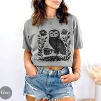 Owl Coffee Shirt Vintage Linocut Bird Coffee Lovers Gift, Cottagecore Owl Meme Tee Funny Folk Art Ba