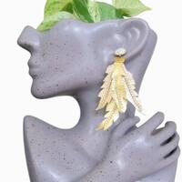 Golden Leather Feather Earrings – Owl Inspired, Rhinestone Detail, Sterling Silver Stud