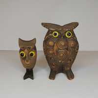 2 Vtg Carved Wood Owl Figurines Mom & Baby Wooden Shelf Sitter Japan