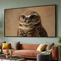 Wise Owl with Glasses Canvas Wall Art, Whimsical Bird Portrait, Vintage Illustration