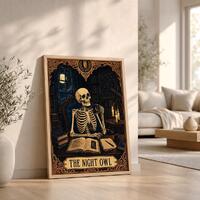 Vintage Night Owl Tarot Card Print, Skeleton Wall Art for Dark Academia Decor, Digital Download