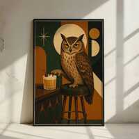 Mid Century Owl Whiskey Sour Art Print: Moody Bar Cocktail Bird Decor (Digital Download)