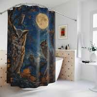 Owl Shower Curtain, Moonlit Forest Bird Bathroom Decor, Celestial Nature Bath Curtain, Dark Blue Woo
