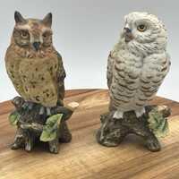 Vtg Angelique Original Owl Figures 2 Hand Painted Japan Porcelain Brown & Snowy