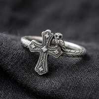 Silver Cross Owl Ring, Engraved Band Religious Statement Ring