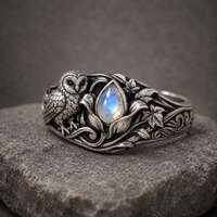 Sterling Silver Moonstone Owl Ring, Nature Inspired Gothic Band Jewelry
