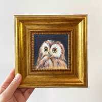 Miniature Owl Oil Painting | Framed Animal-Themed Wall Art | Kids' Room Decor
