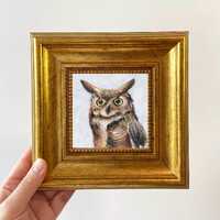 Miniature Owl Oil Painting | Framed Animal-Themed Wall Art | Kids' Room Decor