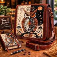 Owl Leather Messenger Bag with Free Matching Journal, Celestial Night Owl Crossbody Satchel, Handmad