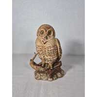 Vtg Enesco Snowy Owl Ceramic Figurine on Branch E 9029 Brown Tan Yellow Eyes