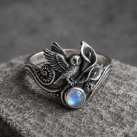 Sterling Silver Owl Moonstone Ring, Nature Inspired Woodland Bird Jewelry